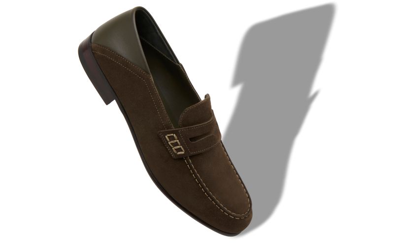 Plymouth, Dark Khaki Suede Penny Loafers - US$895.00 