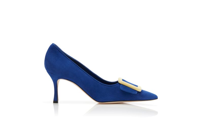 Side view of Maysalepump 70, Blue and Yellow Suede Buckle Pumps - £695.00