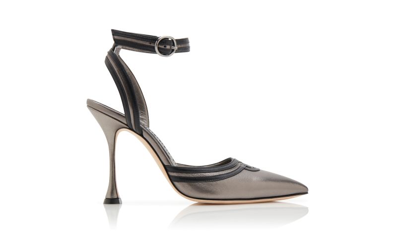 Side view of Designer Dark Grey Nappa Leather Ankle Strap Pumps