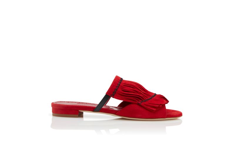 Side view of Rafikiflat, Red Suede Fringe Detail Flat Sandals   - AU$853.00