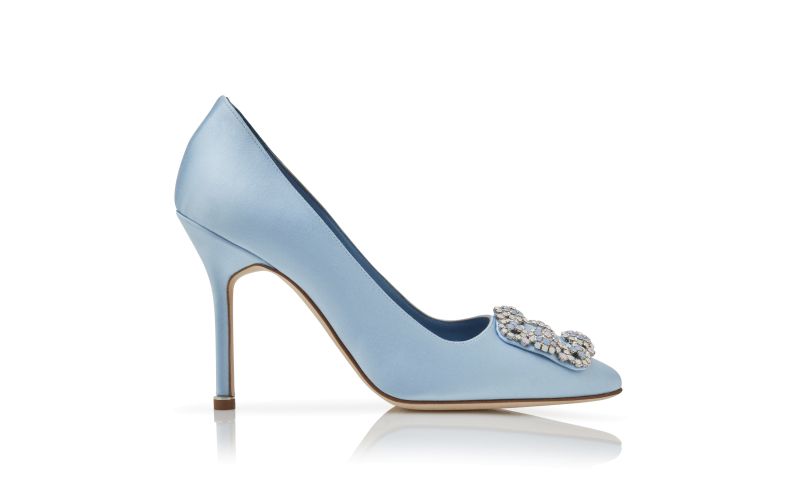 Side view of Hangisi, Light Blue Satin Jewel Buckle Pumps - £945.00