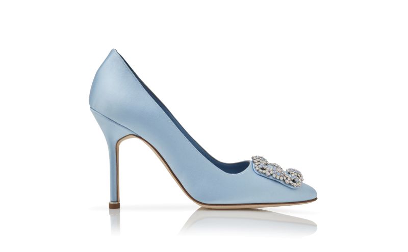 Side view of Hangisi, Light Blue Satin Jewel Buckle Pumps - CA$1,595.00