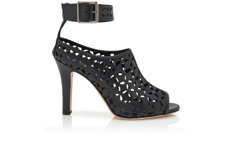 Side view of Designer Black Calf Leather Cut Out Pumps 