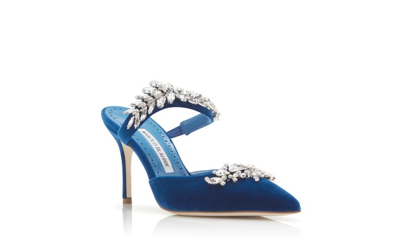 Designer Bright Blue Velvet Crystal Embellished Mules