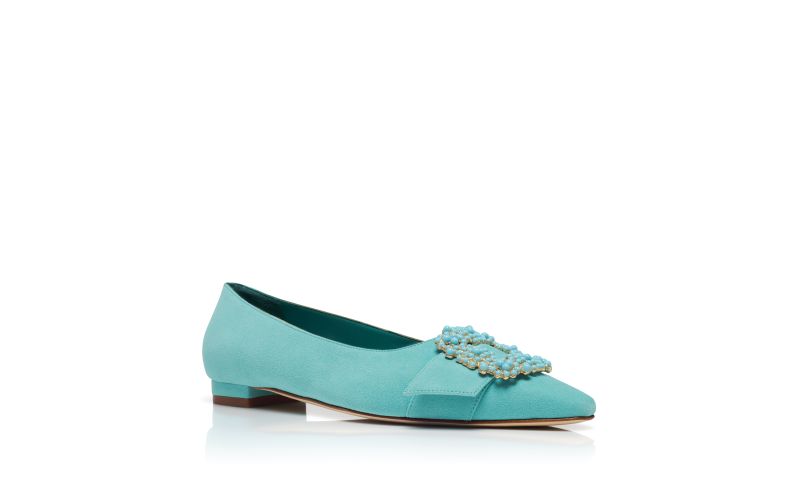 Gibfla, Blue Suede Pearl Buckle Flat Pumps - US$825.00