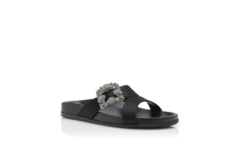 Chilanghi, Black Satin Jewel Buckle Flat Mules  - US$1,095.00