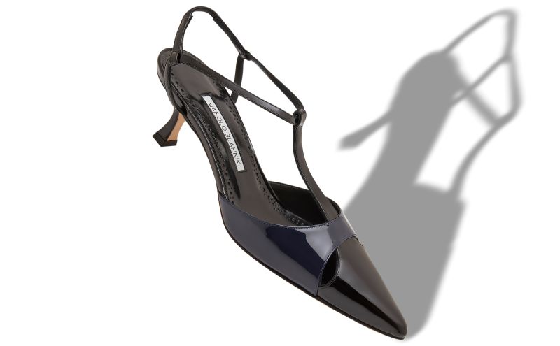 Turgimod, Black and Navy Blue Patent Leather T-Bar Pumps - US$1,025.00 