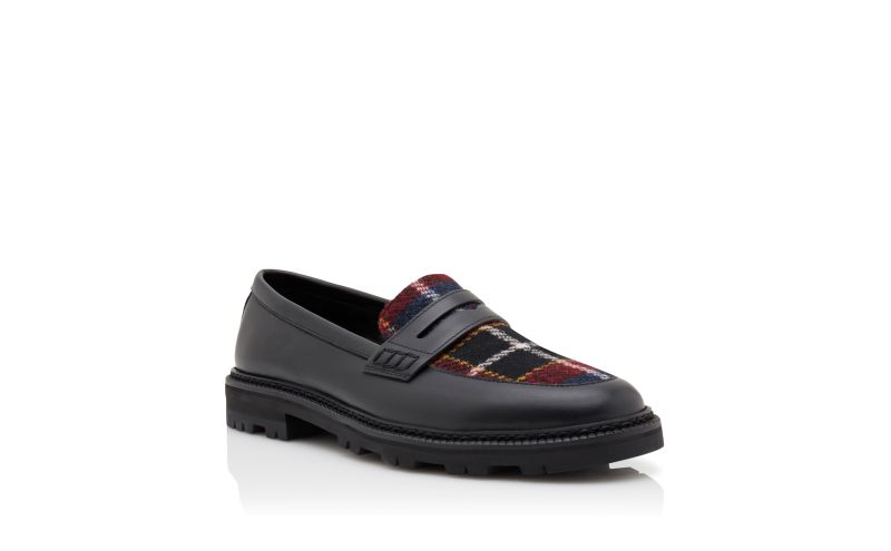 Designer Dark Red Calf Leather and Tartan Loafers
