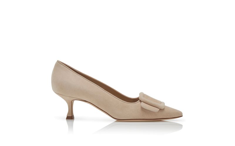 Side view of Maysalepump 50, Light Beige Suede Buckle Detail Pumps - CA$1,095.00