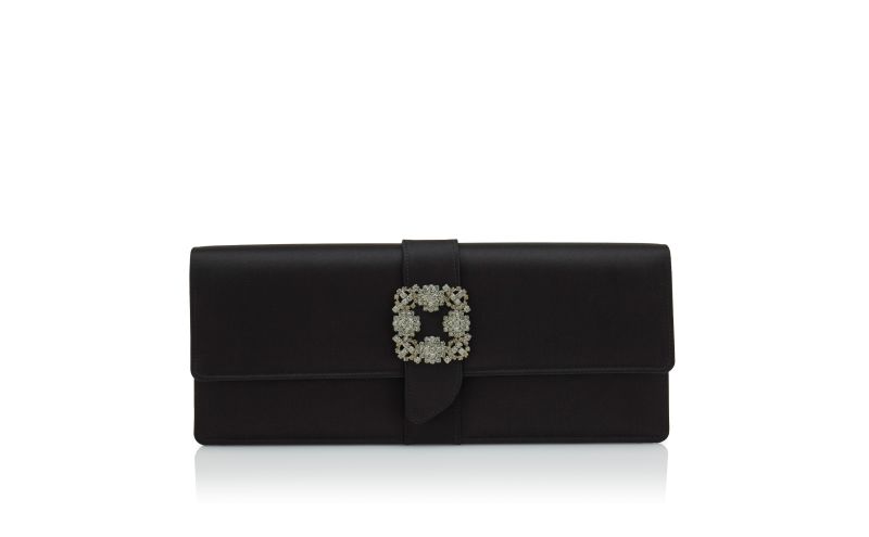 Side view of Designer Black Satin Jewel Buckle Clutch