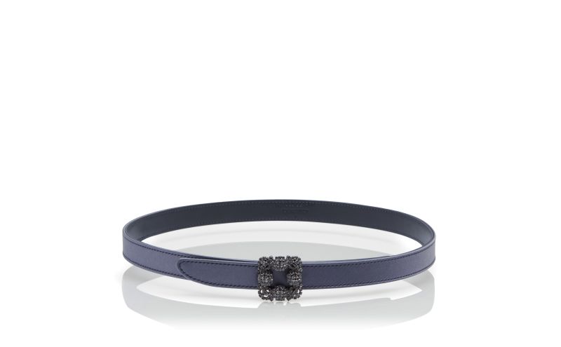 Side view of Hangisi belt mini, Blue-Grey Satin Crystal Buckled Belt - AU$1,405.00