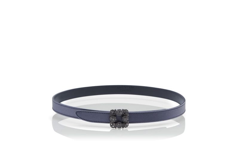 Side view of Hangisi belt mini, Blue-Grey Satin Crystal Buckled Belt - US$795.00