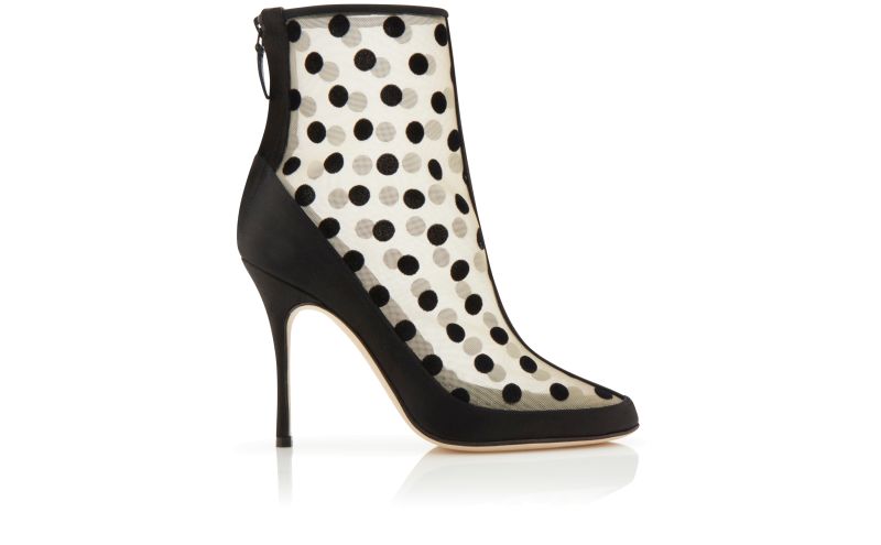 Side view of Designer Ivory and Black Mesh Polka Dot Boots 