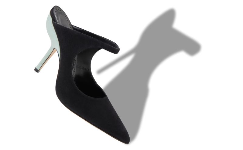 Mera, Black and Green Suede Pointed Toe Mules - US$495.00 