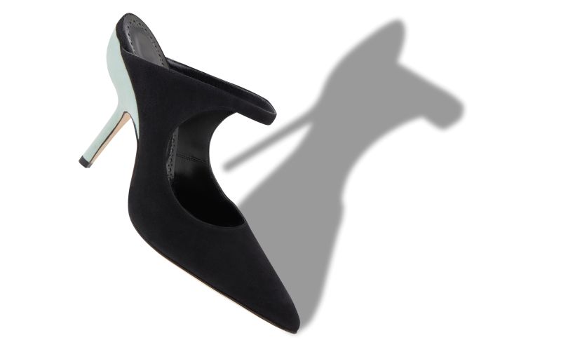 Mera, Black and Green Suede Pointed Toe Mules - US$825.00 