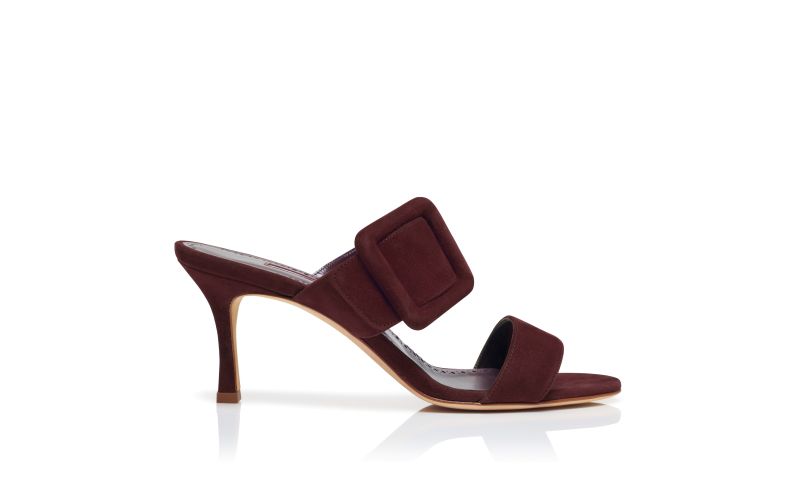 Side view of Gable, Dark Red Suede Open Toe Mules - US$925.00