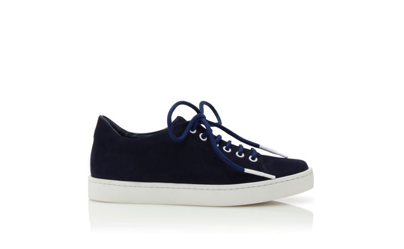 Side view of Semanada, Navy Blue Suede Low Cut Sneakers - US$695.00