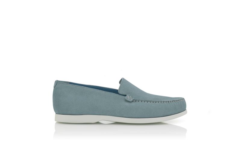 Side view of Designer Light Blue Suede Loafers