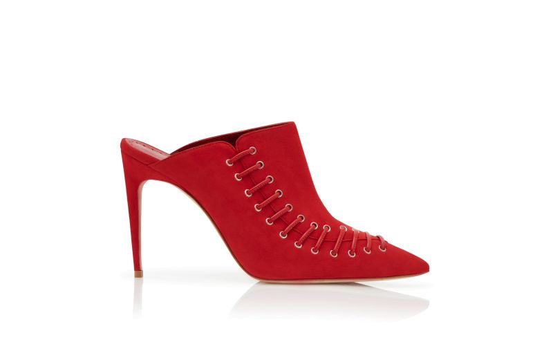 Side view of Designer Red Suede Lace Detail Mules