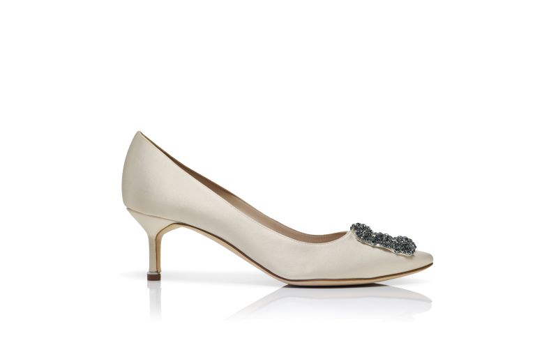 Side view of Hangisi 50, White Satin Jewel Buckle Pumps - US$1,350.00