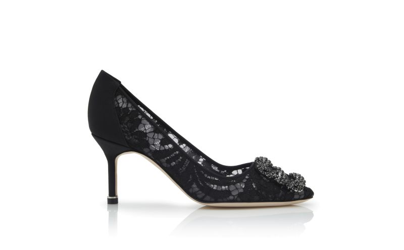 Side view of Hangisi lace 70, Black Lace Jewel Buckle Pumps - US$1,275.00