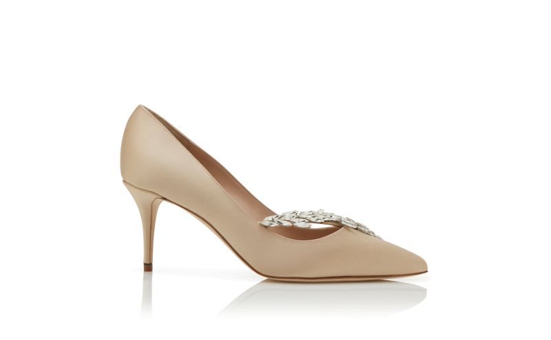 Side view of Nadira 70, Beige Satin Jewel Buckle Pumps - US$1,145.00