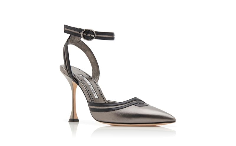 Designer Dark Grey Nappa Leather Ankle Strap Pumps