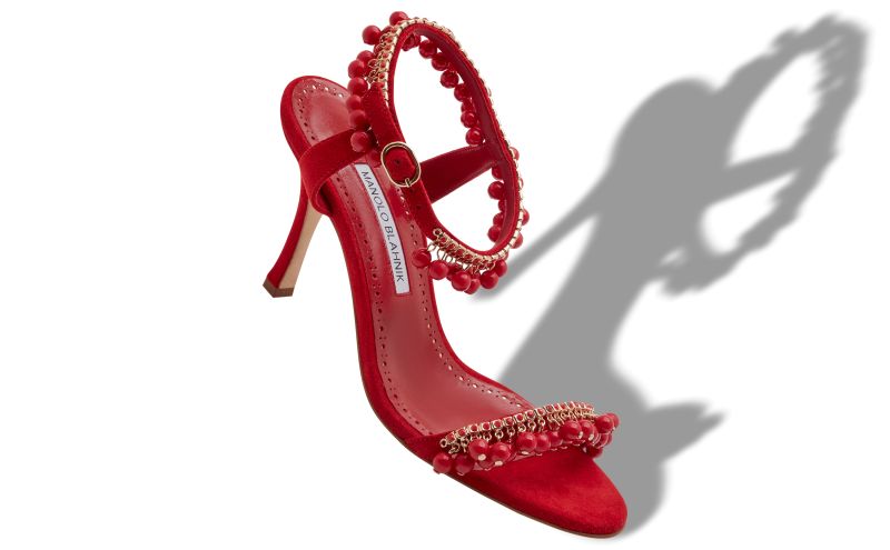 Ravellanu, Red Suede Jewel Embellished Sandals  - US$1,017.00 
