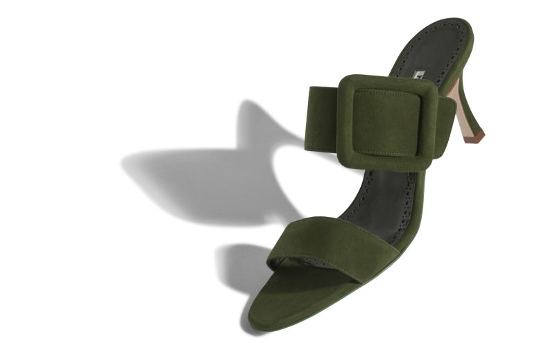 Gable, Dark Khaki Green Suede Open Toe Mules - US$845.00