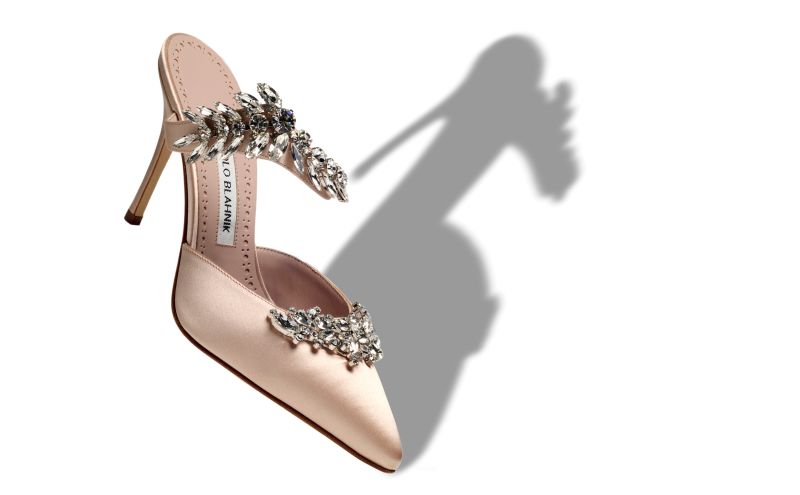 Lurum, Light Beige Satin Crystal Embellished Mules - US$1,395.00 