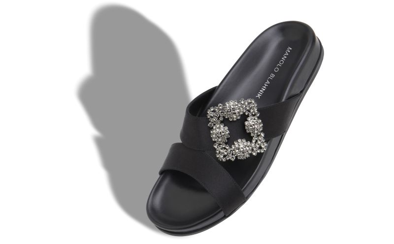 Chilanghi, Black Satin Jewel Buckle Flat Mules  - £845.00