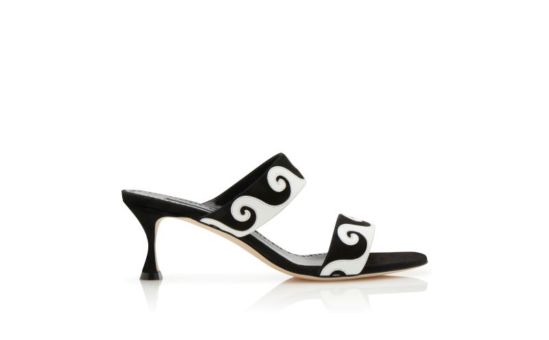 Side view of Bemusa, Black and White Suede Swirl Detail Mules - €845.00