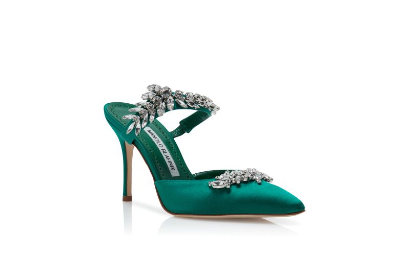 Lurum, Green Satin Crystal Embellished Mules - US$1,395.00