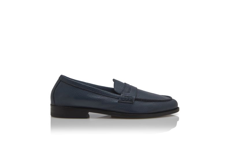 Side view of Perry, Dark Blue Calf Leather Penny Loafers - AU$1,495.00
