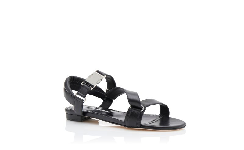 Designer Black Nappa Leather Buckle Detail Flat Sandals 