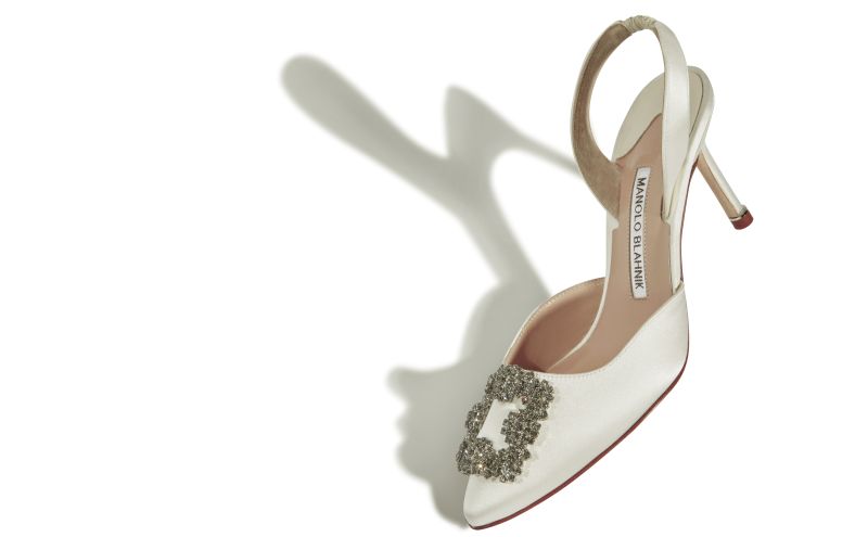 Hangisli, White Satin Jewel Buckle Slingback Pumps - US$1,195.00