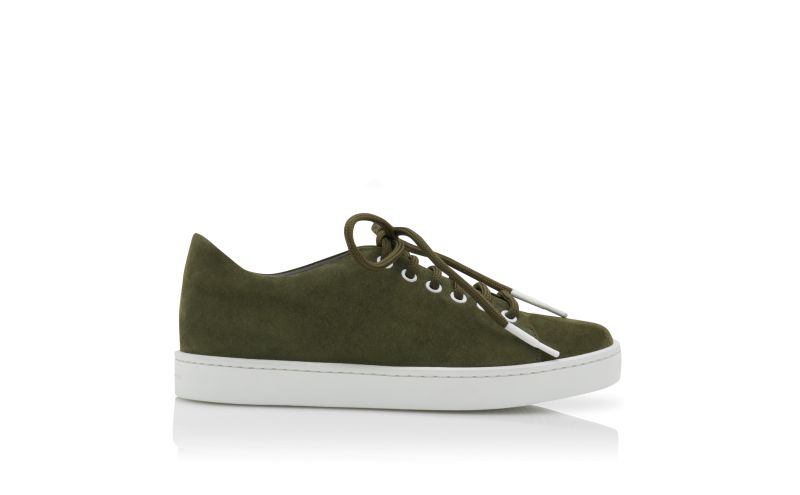 Side view of Designer Khaki Green Suede Low Cut Sneakers
