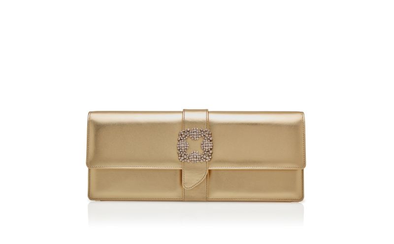 Side view of Designer Gold Nappa Leather Jewel Buckle Clutch