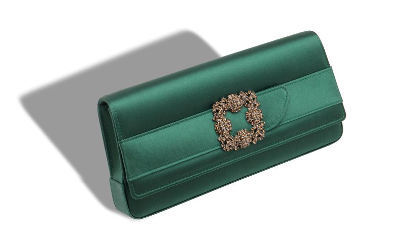 Designer Dark Green Satin Jewel Buckle Clutch