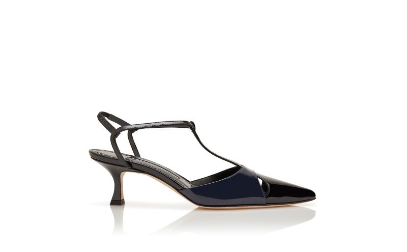 Side view of Turgimod, Black and Navy Blue Patent Leather T-Bar Pumps - US$1,025.00