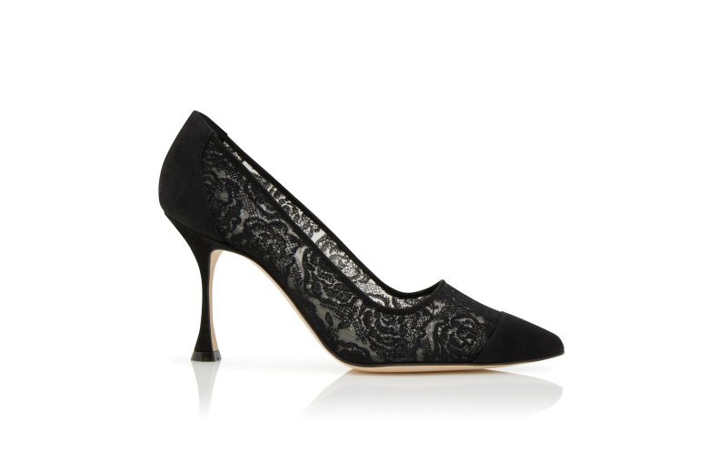Side view of Sololaria, Black Lace Pointed Toe Pumps - £745.00