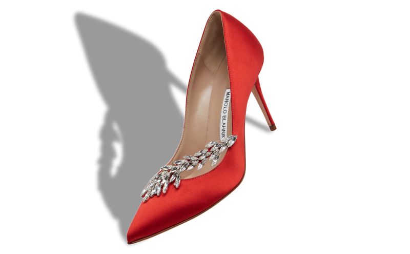 Nadira, Red Satin Jewel Buckle Pumps - US$1,145.00