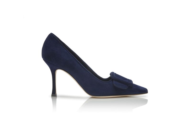 Side view of Maysalepump 90, Navy Blue Suede Buckle Detail Pumps - €745.00