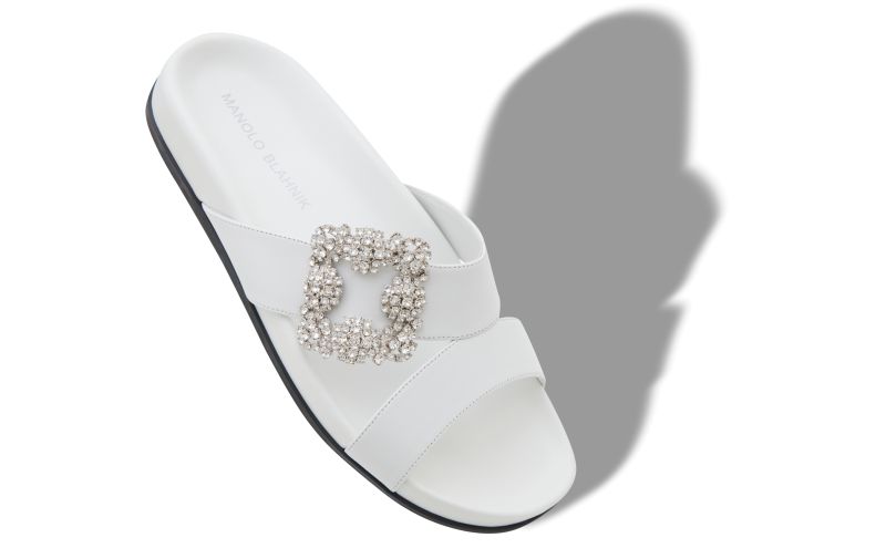 Chilanghi, White Calf Leather Jewel Buckle Flat Mules - AU$2,005.00 