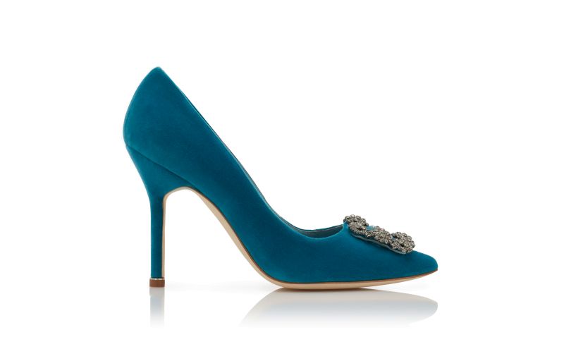 Side view of Designer Blue Velvet Jewel Buckle Pumps