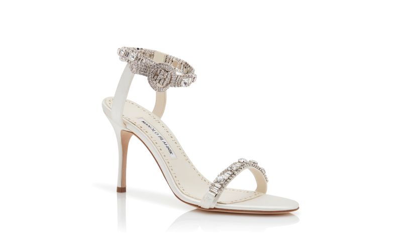 Asasan, Light Cream Satin Jewel Embellished Sandals - US$1,017.00