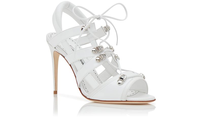 Designer White Nappa Leather Lace-Up Slingback Sandals