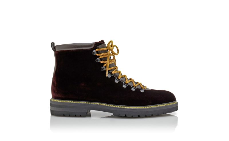 Side view of Calaurio, Dark Brown Velvet Lace Up Boots - AU$1,615.00
