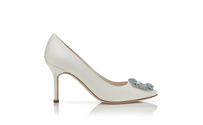 Side view of Hangisi bridal 90, White Satin Jewel Buckle Pumps - £945.00