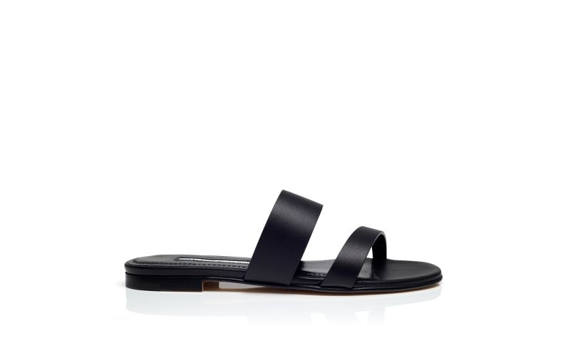 Side view of Designer Black Calf Leather Flat Sandals